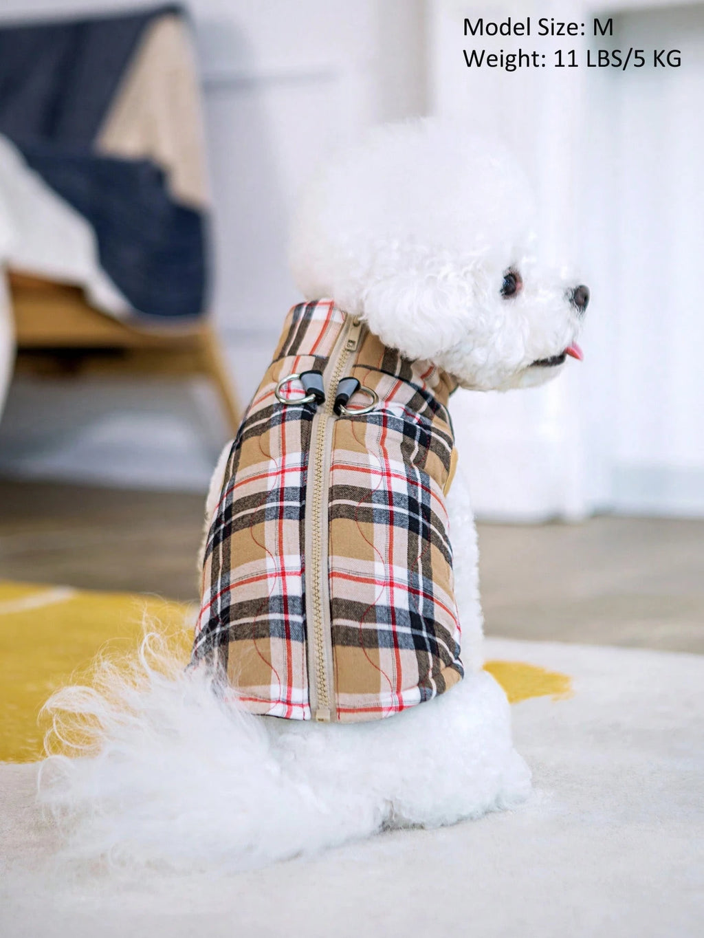 犬用コート カーキフランネルチェック柄 ゴーヤキルティング 背面ジッパー付き 洗濯可能 大型 / 中型 / 小型犬用 室内外兼用