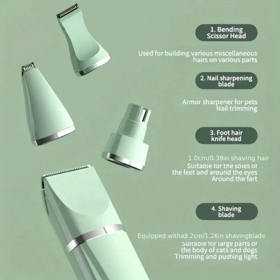 4in1 電動ペットグルーミングキット ネイルグラインダー付き 犬猫用 低ノイズ USB 充電式ワイヤレス 軽量多機能トリマー ホームペットケア